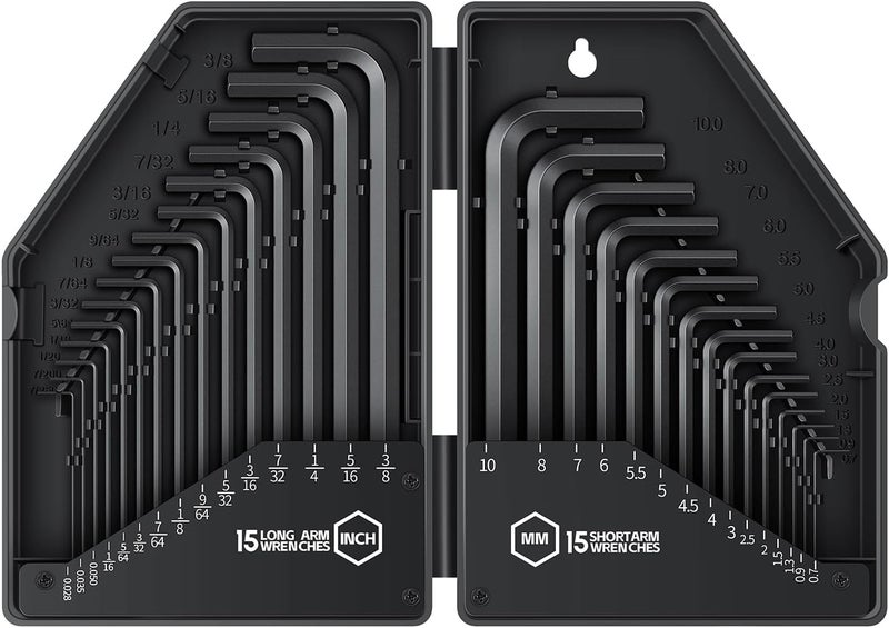 Reniteco 30 PCS Hex Head Key Allen Wrench Tool Set Organizer Kit Alloy Steel L Shape Black Metric (0.7-10 mm) SAE (0.028"-3/8") Standard In Storage Case Long Short Arm - Image 1